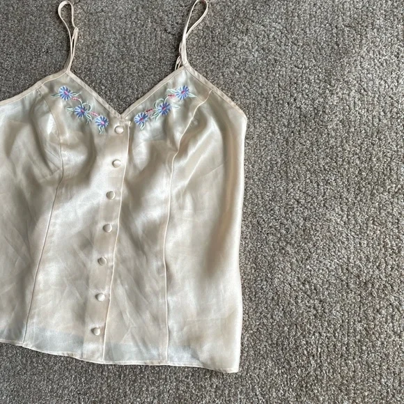 Elegant Cream Embroidered Satin Cami Top Floral Embroidered Vintage Fairy Grunge - Picture 5 of 10